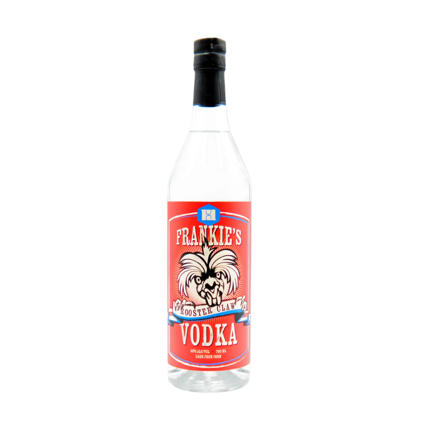 Bottle of Frankie's Vodka with a red label on a white background