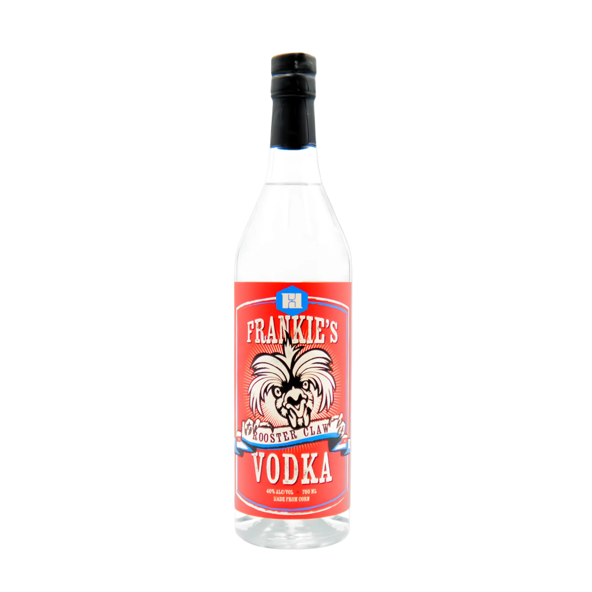 Bottle of Frankie's Vodka with a red label on a white background