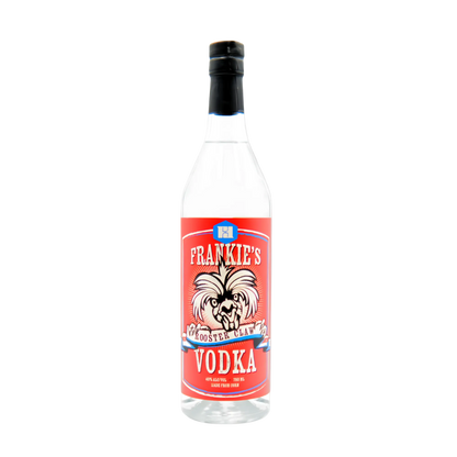 Bottle of Frankie's Vodka with a red label on a white background